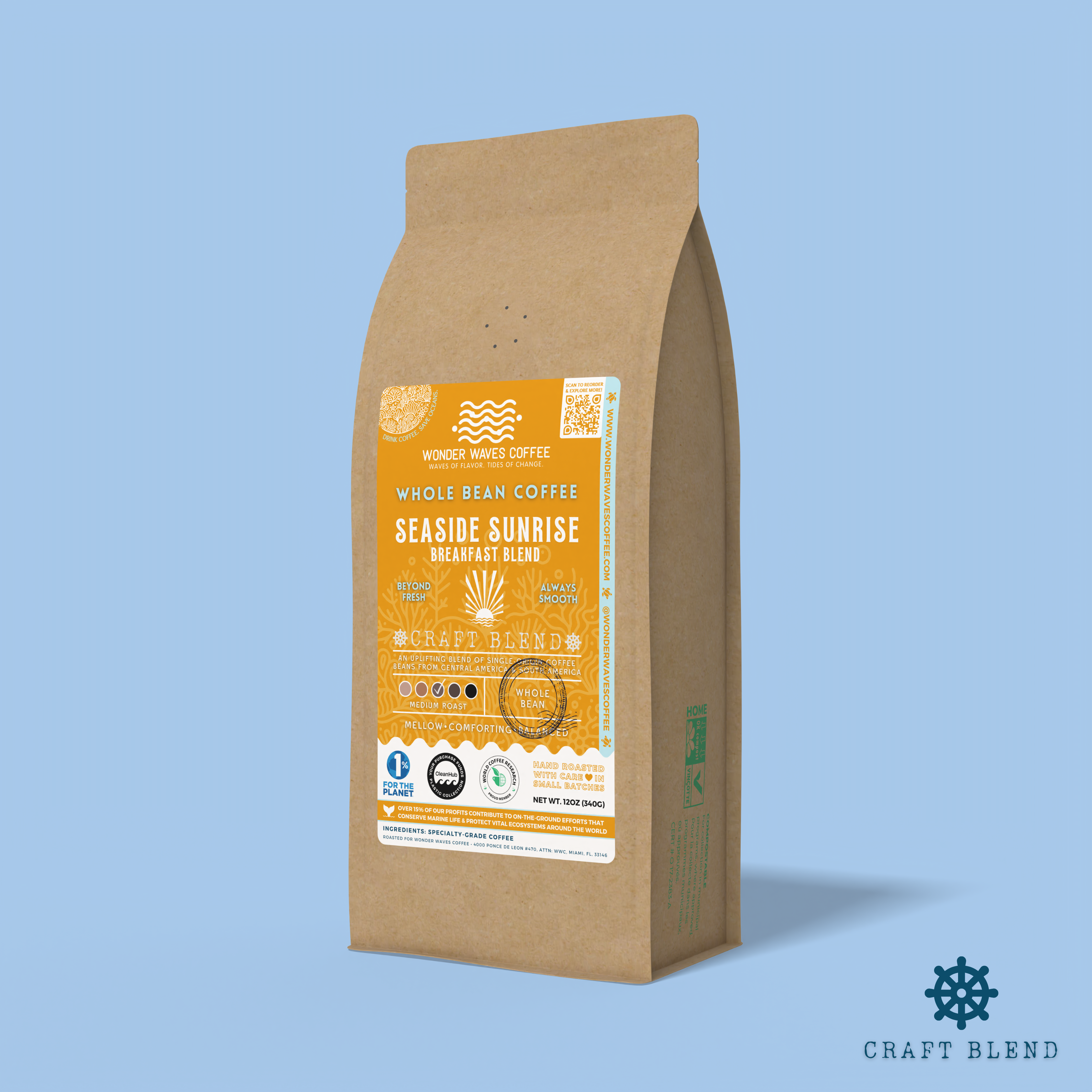 Seaside Sunrise Breakfast Blend whole bean coffee packaging with a rustic kraft bag design, featuring a bright orange ocean-themed label with a sunburst illustration, coffee roast icons, and the ‘Craft Blend’ label. Includes branding for Wonder Waves Coffee, emphasizing its medium roast and eco-friendly packaging.