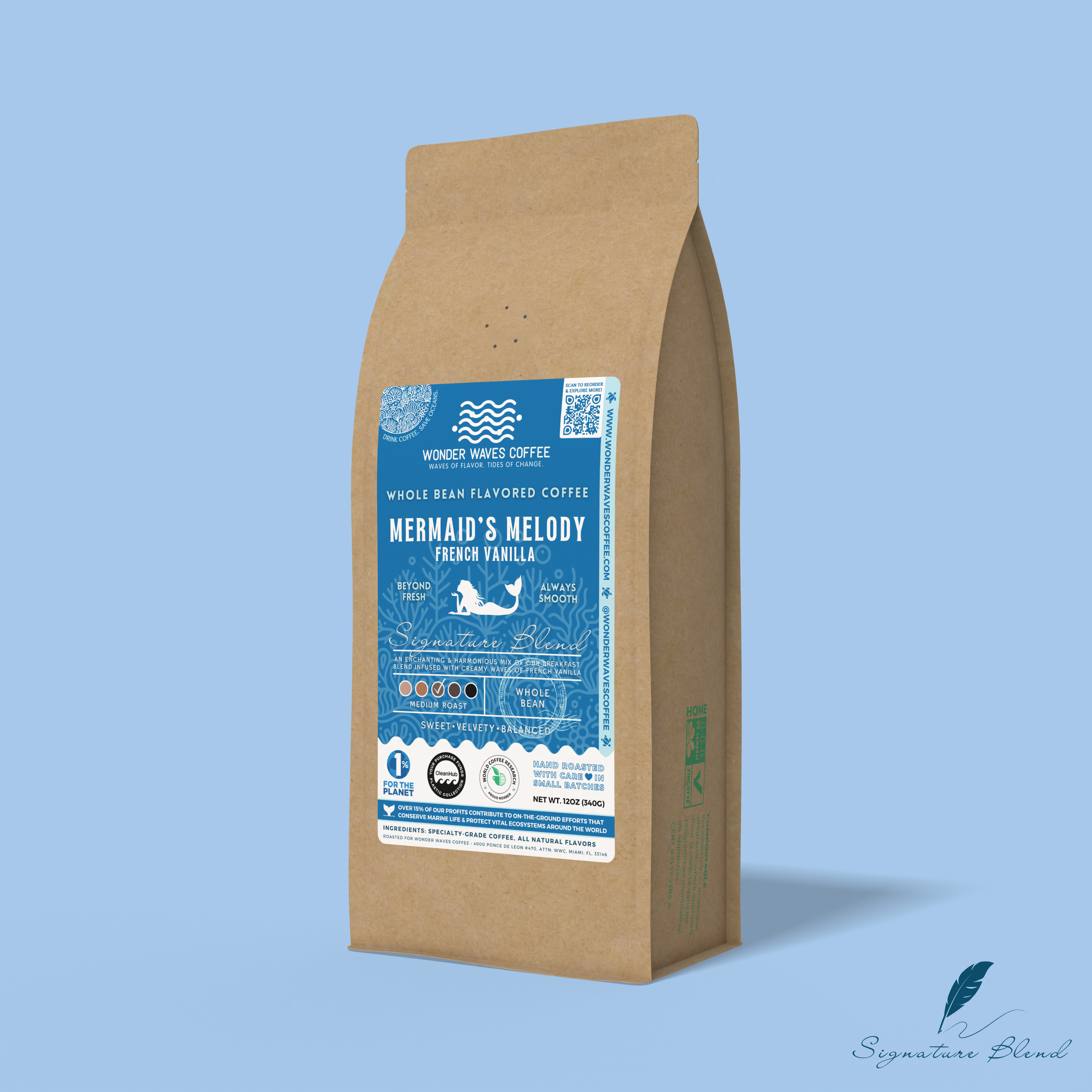 Mermaid’s Melody French Vanilla whole bean coffee packaging with a rustic kraft bag design, featuring a cool blue ocean-themed label with a mermaid illustration, coffee roast icons, and the ‘Signature Blend’ label. Includes branding for Wonder Waves Coffee, emphasizing its medium roast and eco-friendly packaging.