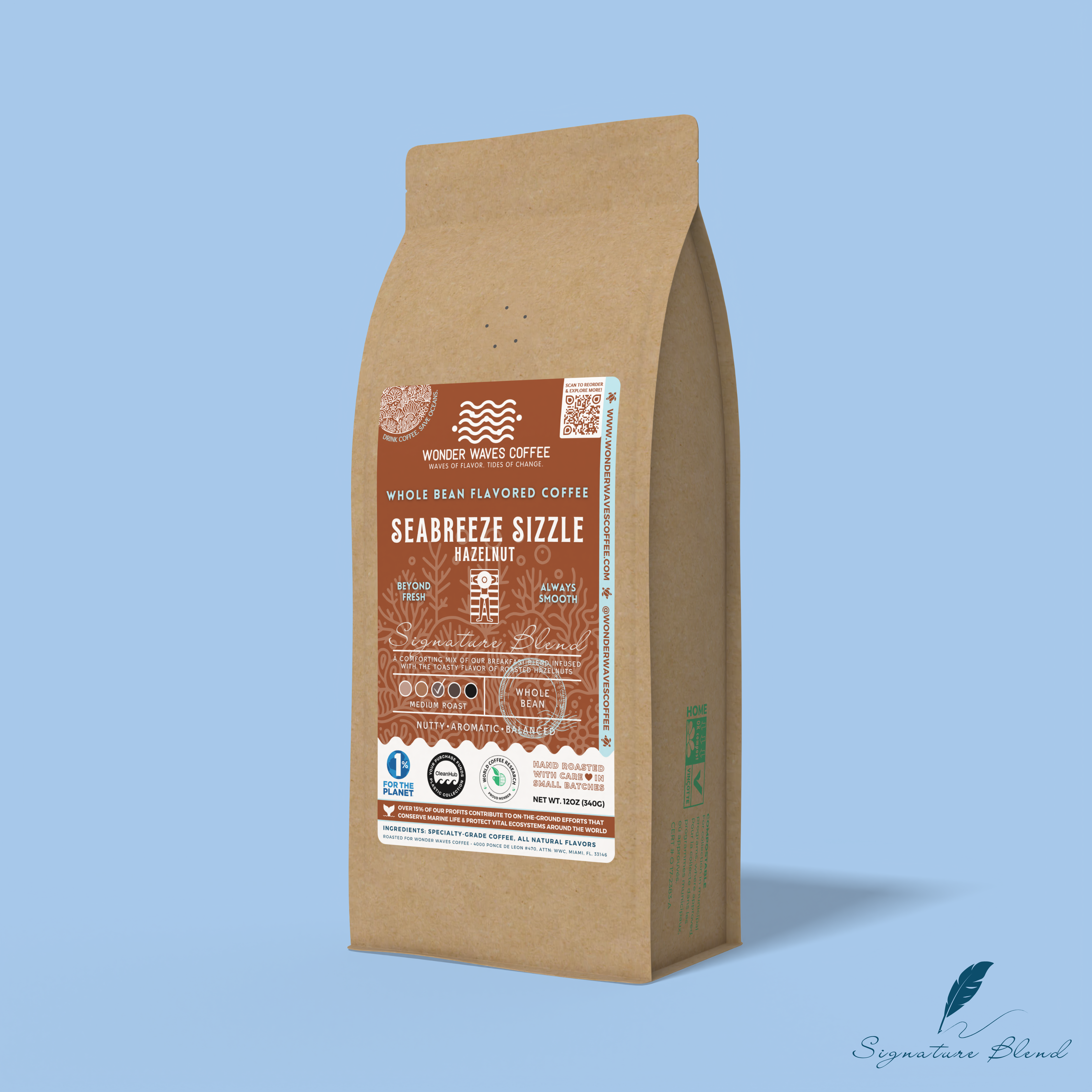 Seabreeze Sizzle Hazelnut whole bean coffee packaging with a rustic kraft bag design, featuring a warm brown ocean-themed label with a lighthouse illustration, coffee roast icons, and the ‘Signature Blend’ label. Includes branding for Wonder Waves Coffee, emphasizing its medium roast and eco-friendly packaging.