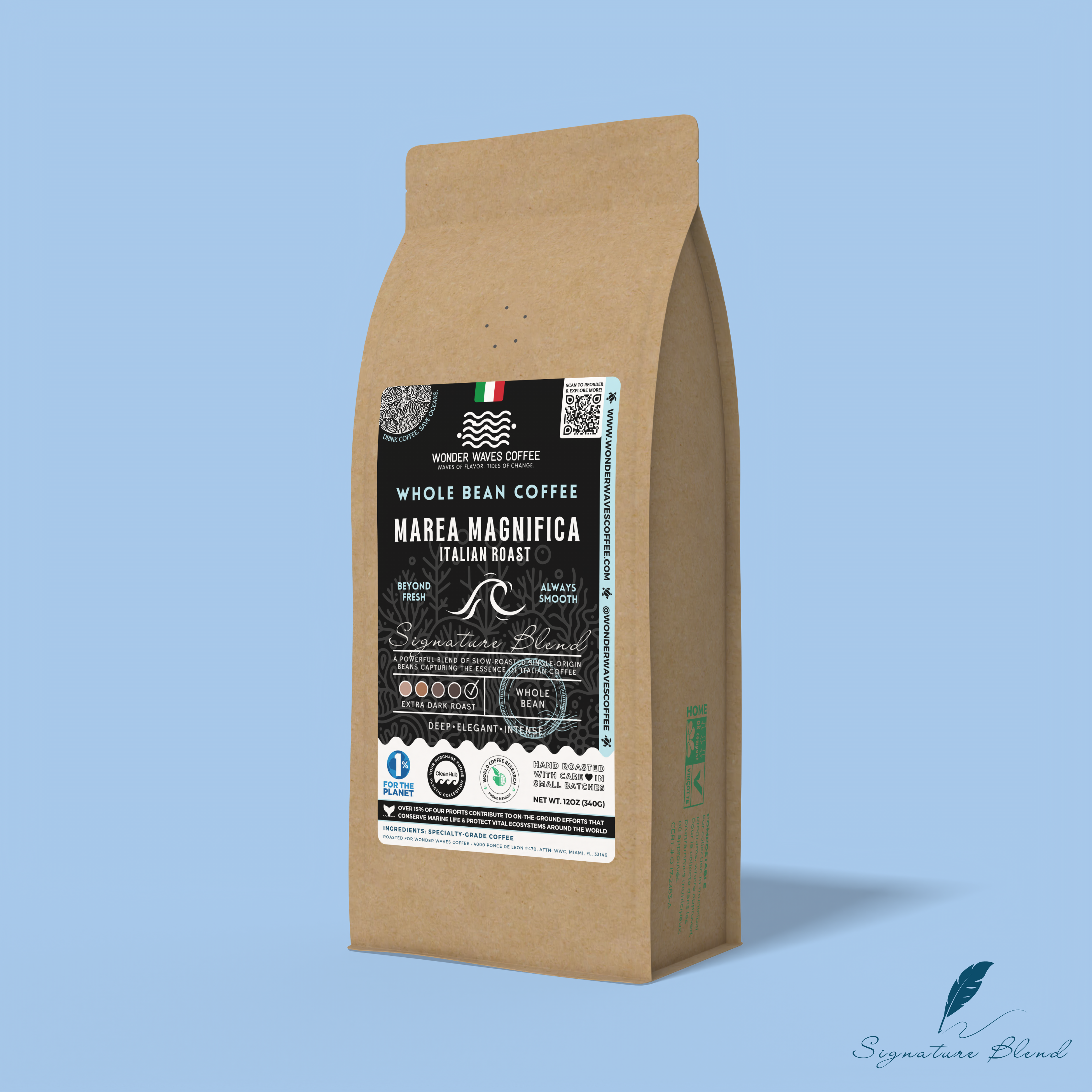 Marea Magnifica Italian Roast whole bean coffee packaging with a rustic kraft bag design, featuring a black ocean-themed label with a wave illustration, coffee roast icons, and the ‘Signature Blend’ label. Includes branding for Wonder Waves Coffee, emphasizing its extra dark roast and eco-friendly packaging.