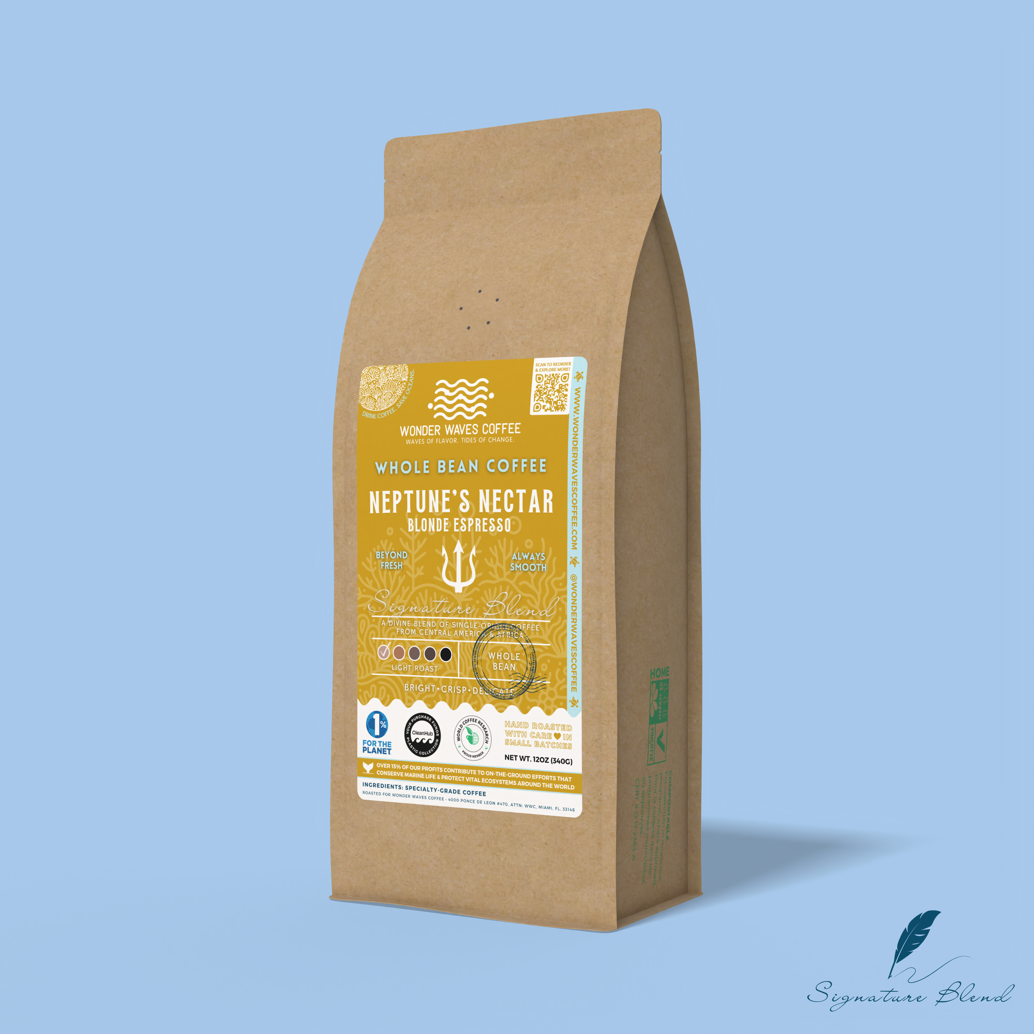 Neptune’s Nectar Blonde Espresso whole bean coffee packaging with a rustic kraft bag design, featuring a golden yellow ocean-themed label with a trident illustration, coffee roast icons, and the ‘Signature Blend’ label. Includes branding for Wonder Waves Coffee, emphasizing its light roast and eco-friendly packaging.