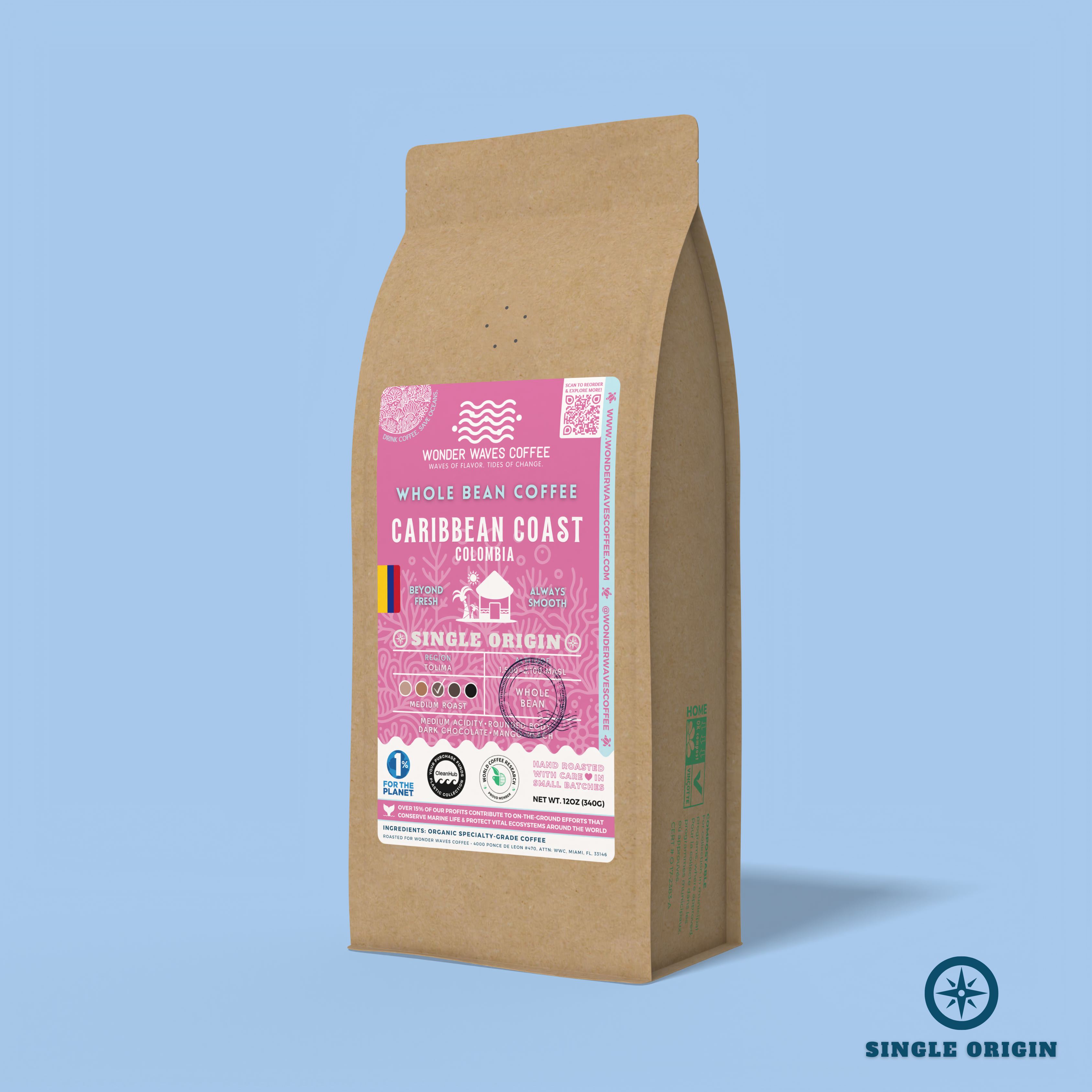 Caribbean Coast Colombia whole bean coffee packaging with a rustic kraft bag design, featuring a vibrant pink ocean-themed label with a coastal house illustration, coffee roast icons, and the ‘Single Origin’ label. Includes branding for Wonder Waves Coffee, emphasizing its medium roast and eco-friendly packaging.