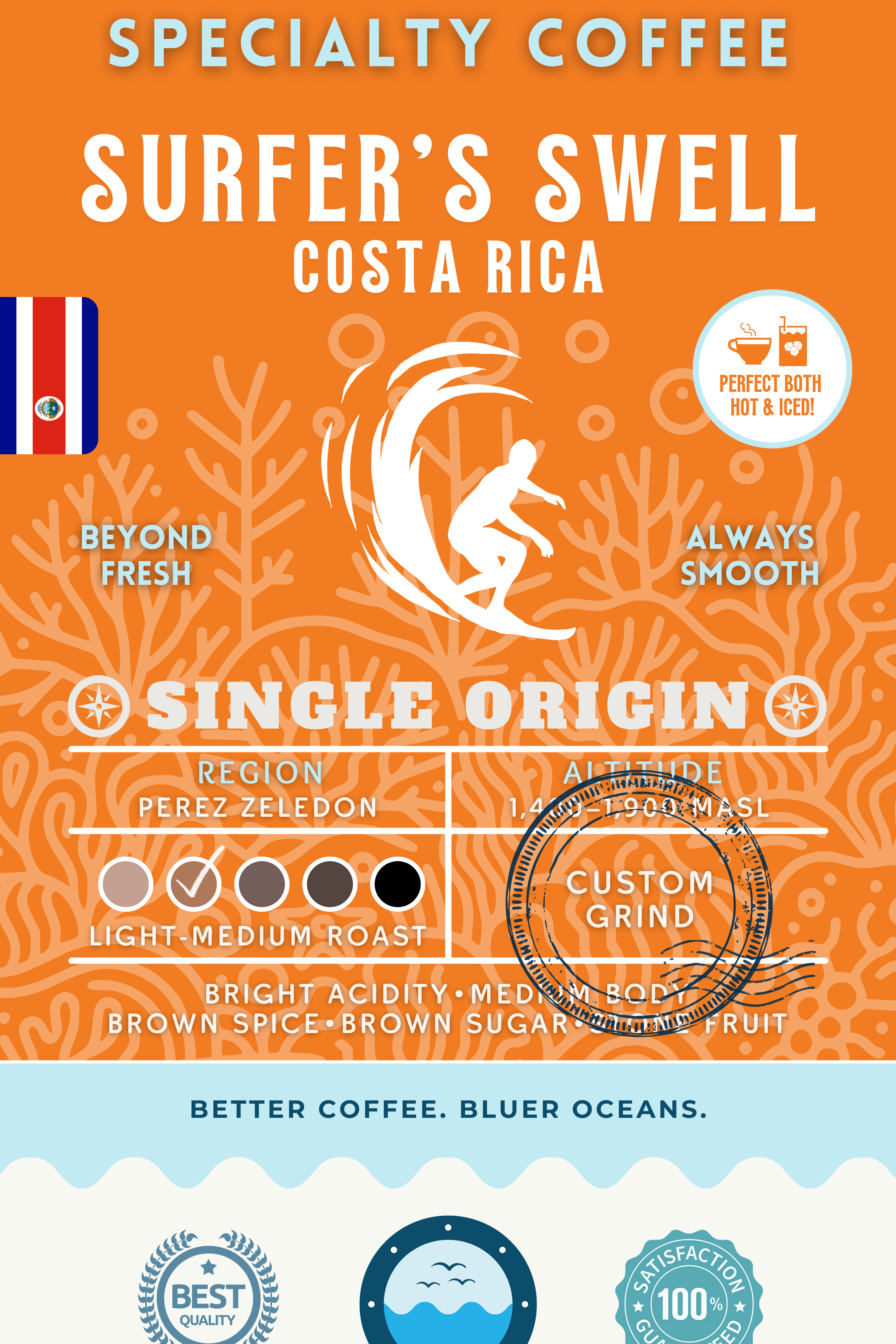 Surfer’s Swell Costa Rica Single Origin coffee packaging featuring a light-medium roast with bright acidity, medium body, and notes of brown spice, brown sugar, and fruit. Eco-conscious branding supporting cleaner oceans.