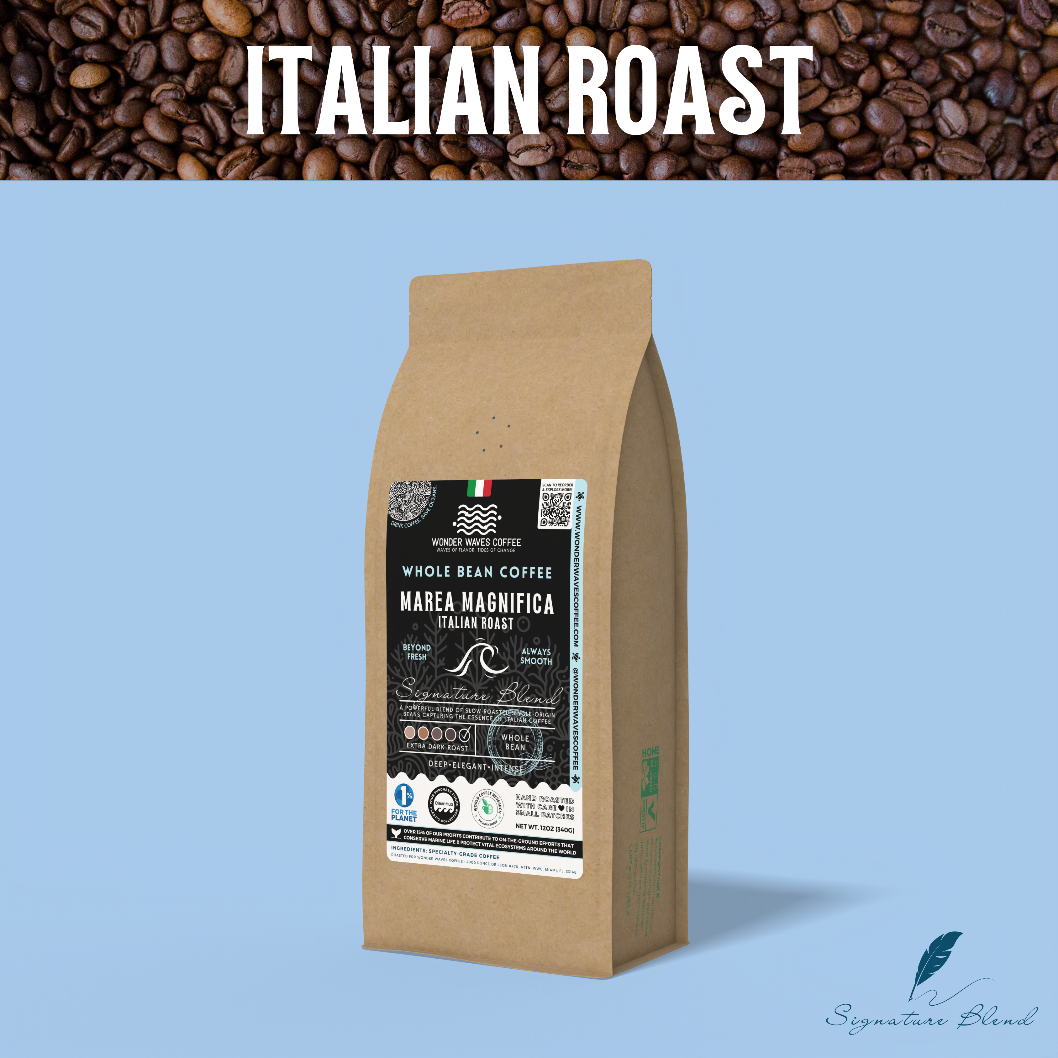 Marea Magnifica Italian Roast Whole Bean Coffee bag by Wonder Waves Coffee with sustainable packaging and a classic Italian flag logo