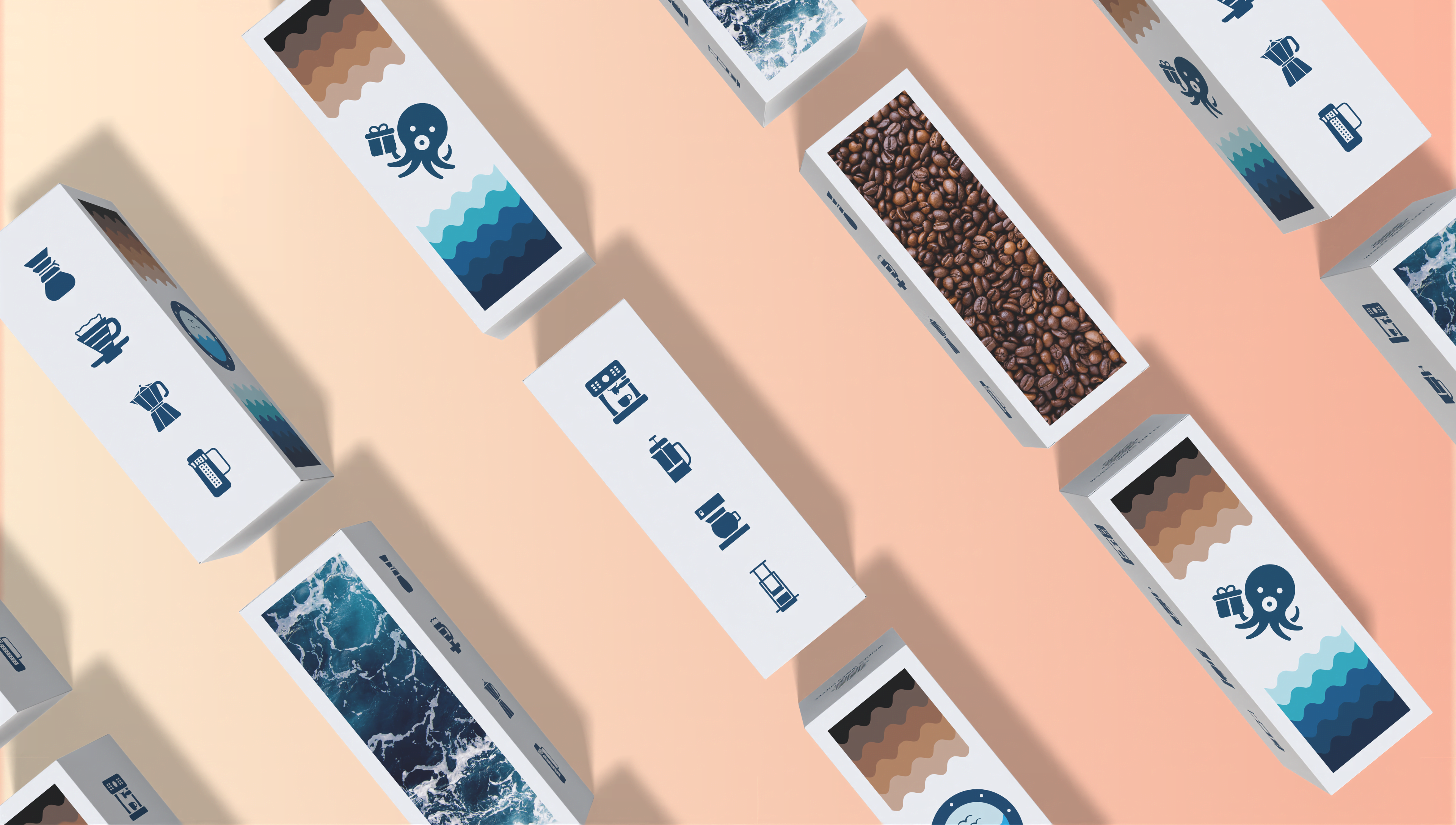 Ocean-themed specialty coffee gift boxes from Wonder Waves Coffee featuring coffee beans and brewing accessories
