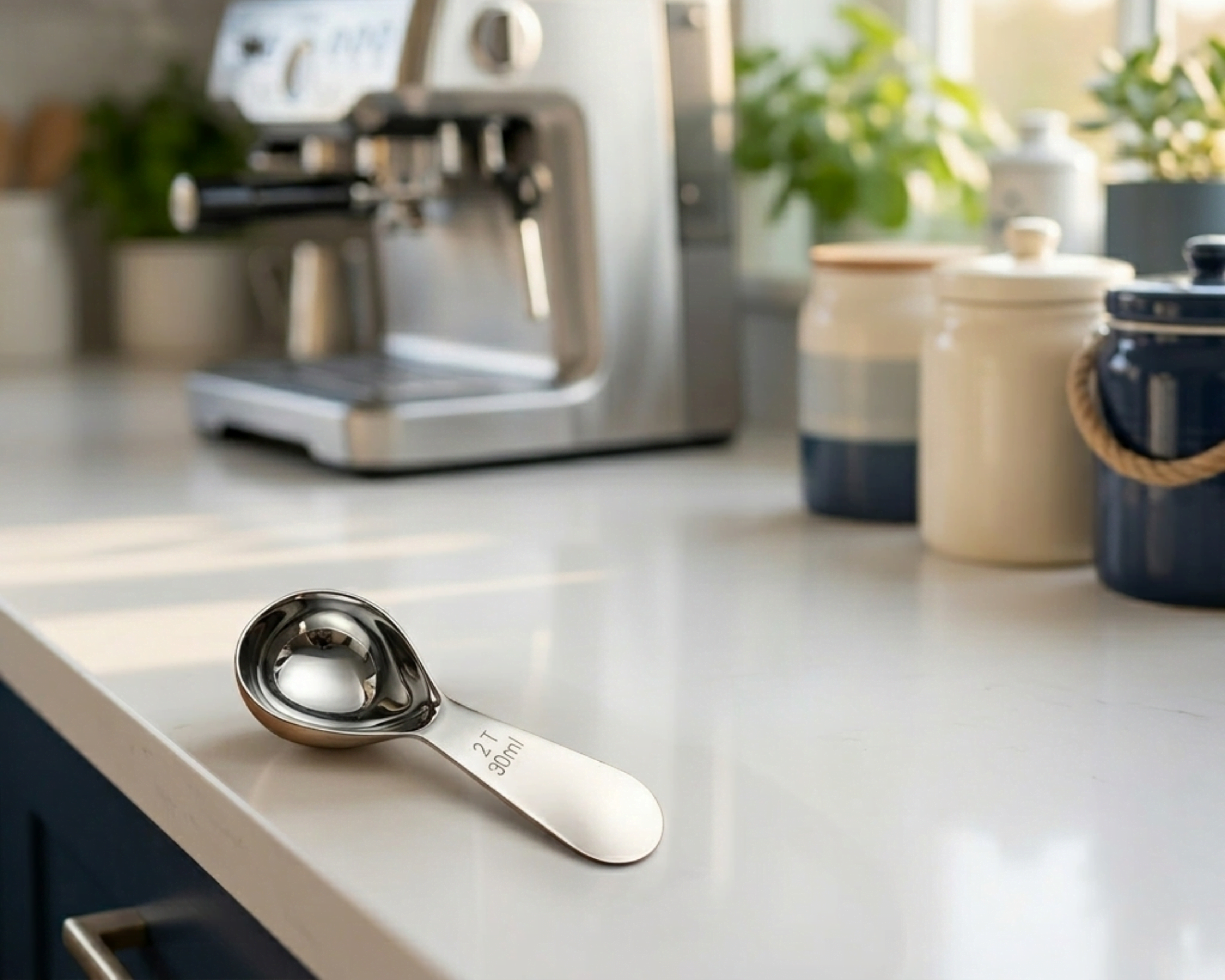Wonder Waves Coffee stainless steel coffee measuring scoop on a white marble counter with an espresso machine in the background
