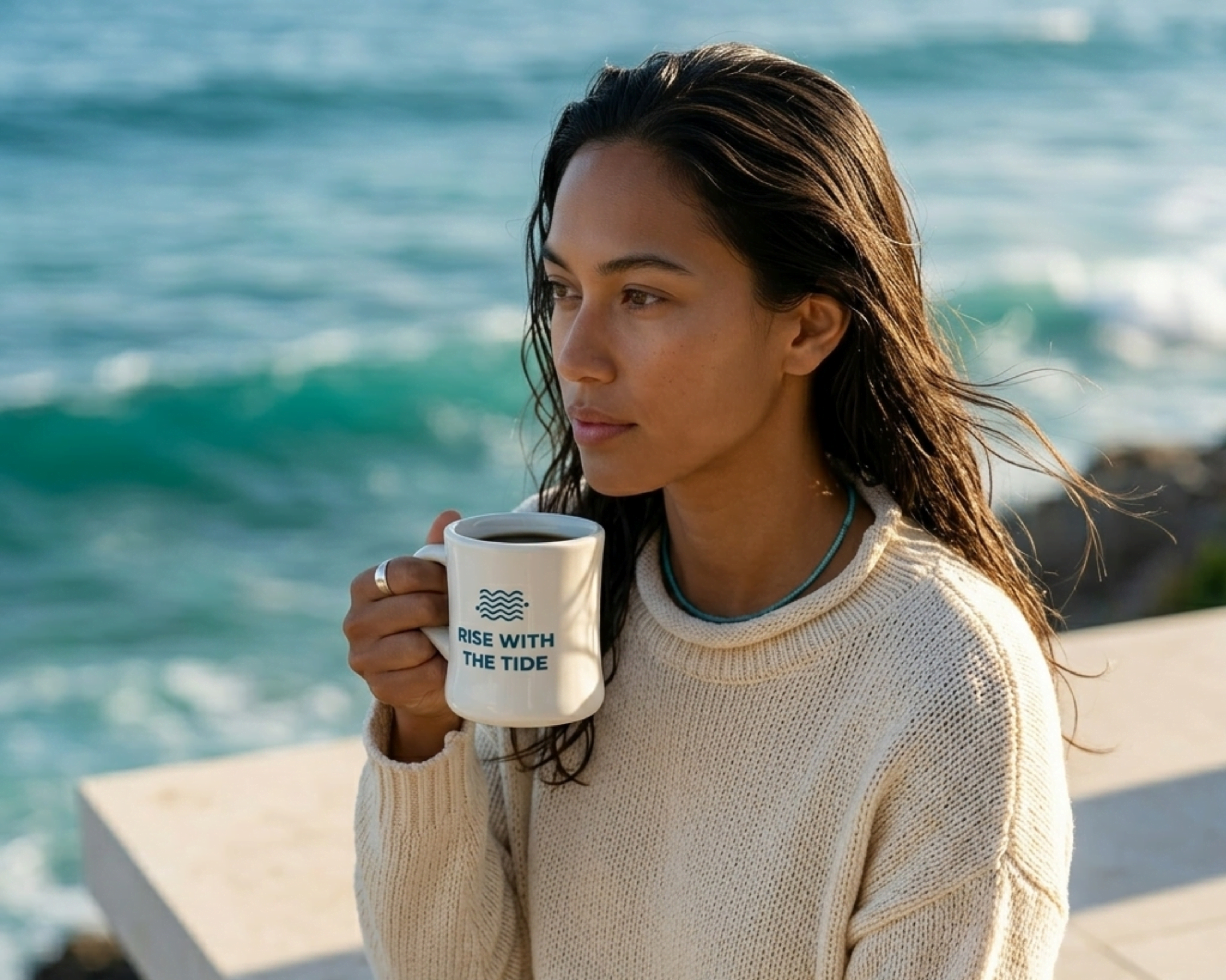 Woman holding a white Wonder Waves Rise With The Tide ceramic coffee mug with ocean waves in the background