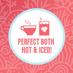 Icon featuring a steaming tea cup and a glass with ice cubes, with the text ‘Perfect Both Hot & Iced!’ against a coral-pink and coral-patterned background, highlighting the versatility of the tea for both hot and iced preparations