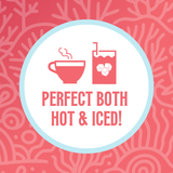 Icon featuring a steaming tea cup and a glass with ice cubes, with the text ‘Perfect Both Hot & Iced!’ against a coral-pink and coral-patterned background, highlighting the versatility of the tea for both hot and iced preparations