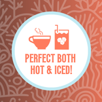Icon featuring a steaming tea cup and a glass with ice cubes, with the text ‘Perfect Both Hot & Iced!’ against a coral-toned and coral-patterned background, highlighting the versatility of the tea for both hot and iced preparations