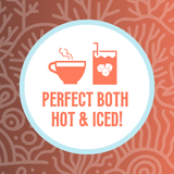 Icon featuring a steaming tea cup and a glass with ice cubes, with the text ‘Perfect Both Hot & Iced!’ against a coral-toned and coral-patterned background, highlighting the versatility of the tea for both hot and iced preparations