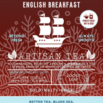 Mighty Monarch English Breakfast Tea packaging featuring a bold, malty, and brisk black tea blend. A loose leaf artisan tea with a galleon ship design and vibrant ocean gradient, perfect both hot or iced. Highlights eco-friendly values and ocean preservation messaging.