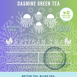 Gulfstream Glow Jasmine Green Tea packaging featuring a floral, crisp, and earthy green tea blend with freshly picked jasmine blossoms. A loose leaf artisan tea with a glowing jellyfish design and vibrant ocean gradient, perfect both hot or iced. Highlights eco-friendly values and ocean preservation messaging.