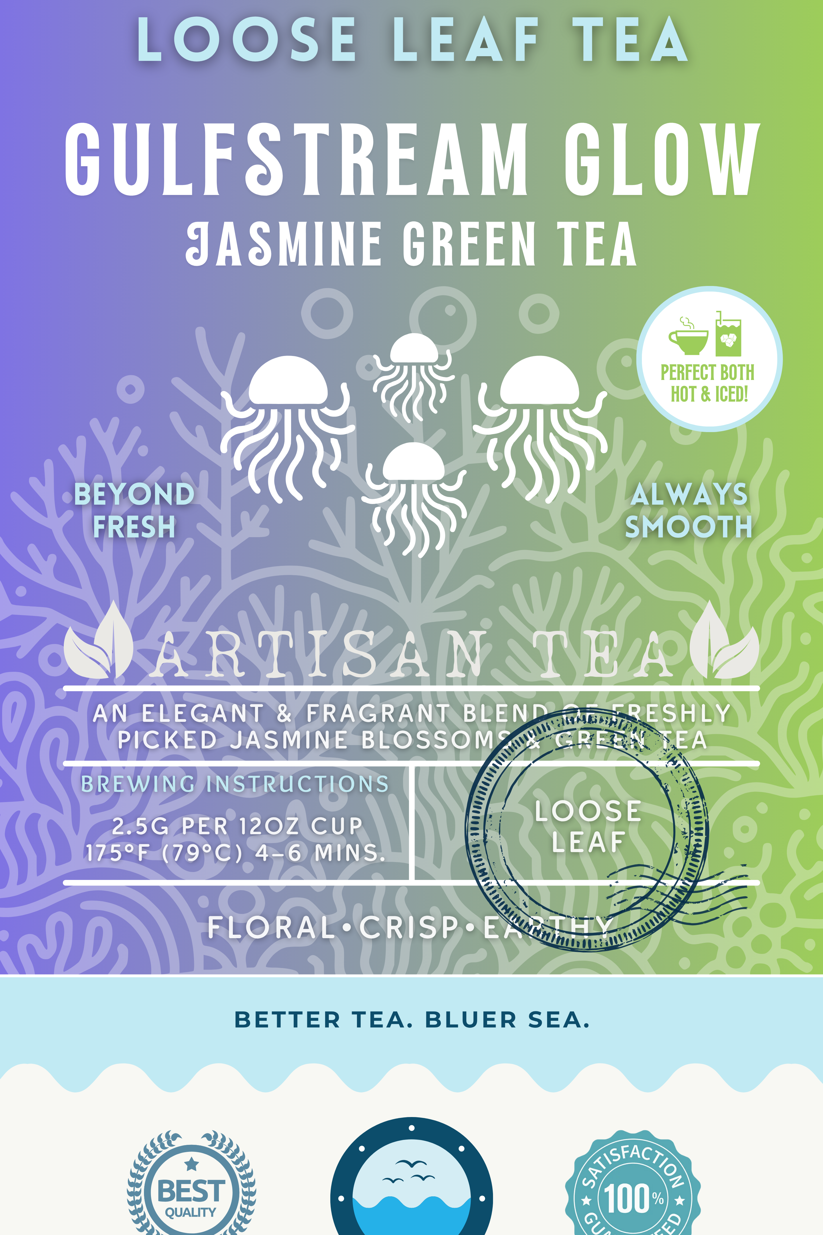 Gulfstream Glow Jasmine Green Tea packaging featuring a floral, crisp, and earthy green tea blend with freshly picked jasmine blossoms. A loose leaf artisan tea with a glowing jellyfish design and vibrant ocean gradient, perfect both hot or iced. Highlights eco-friendly values and ocean preservation messaging.