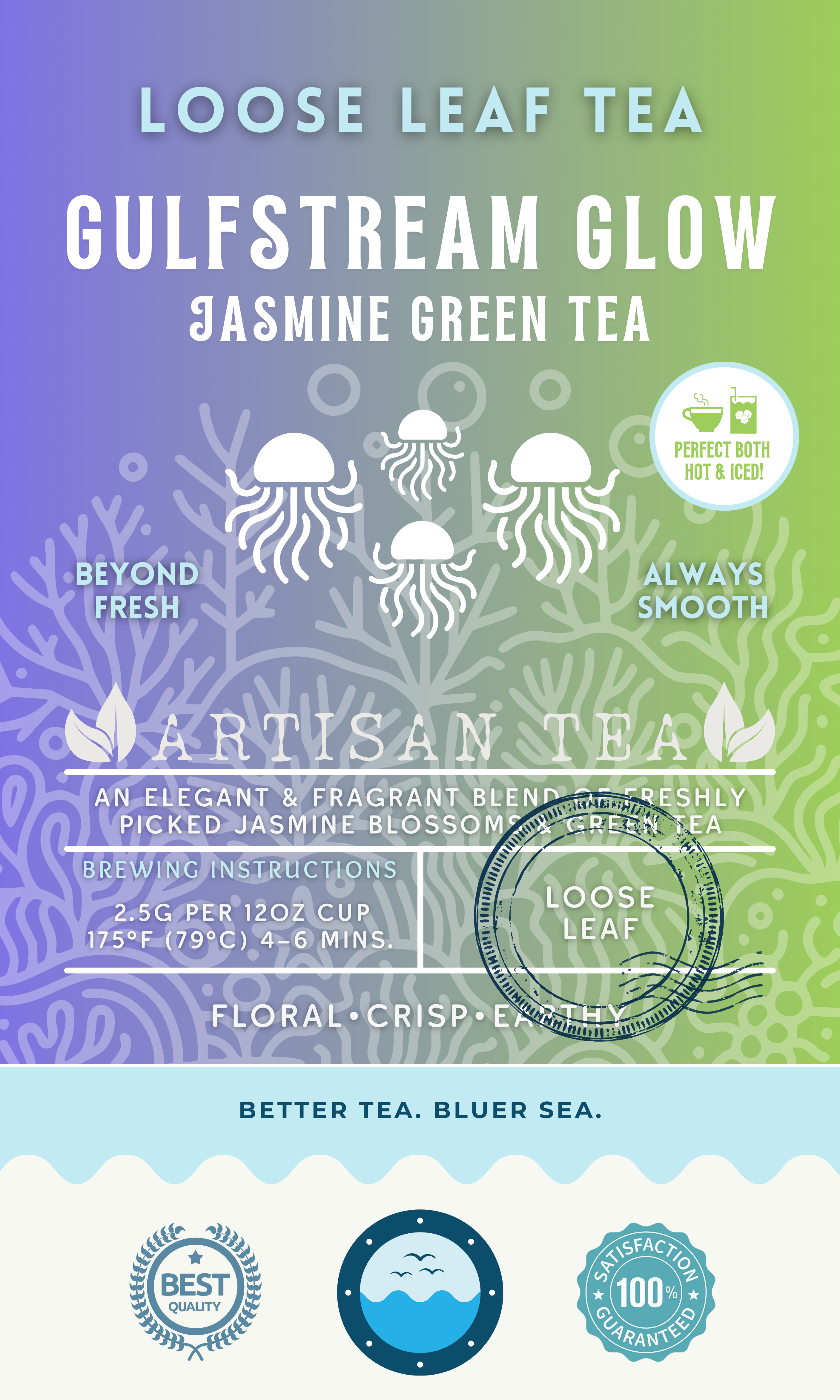 Gulfstream Glow Jasmine Green Tea packaging featuring a floral, crisp, and earthy green tea blend with freshly picked jasmine blossoms. A loose leaf artisan tea with a glowing jellyfish design and vibrant ocean gradient, perfect both hot or iced. Highlights eco-friendly values and ocean preservation messaging.