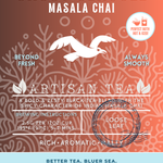 Sassy Seagull Masala Chai tea packaging featuring a bold, rich, and aromatic black tea blend with traditional Indian spices. This loose leaf flavored tea label showcases a flying seagull illustration over warm ocean tones and promotes eco-conscious values and ocean preservation. Perfect for enjoying both hot and iced.