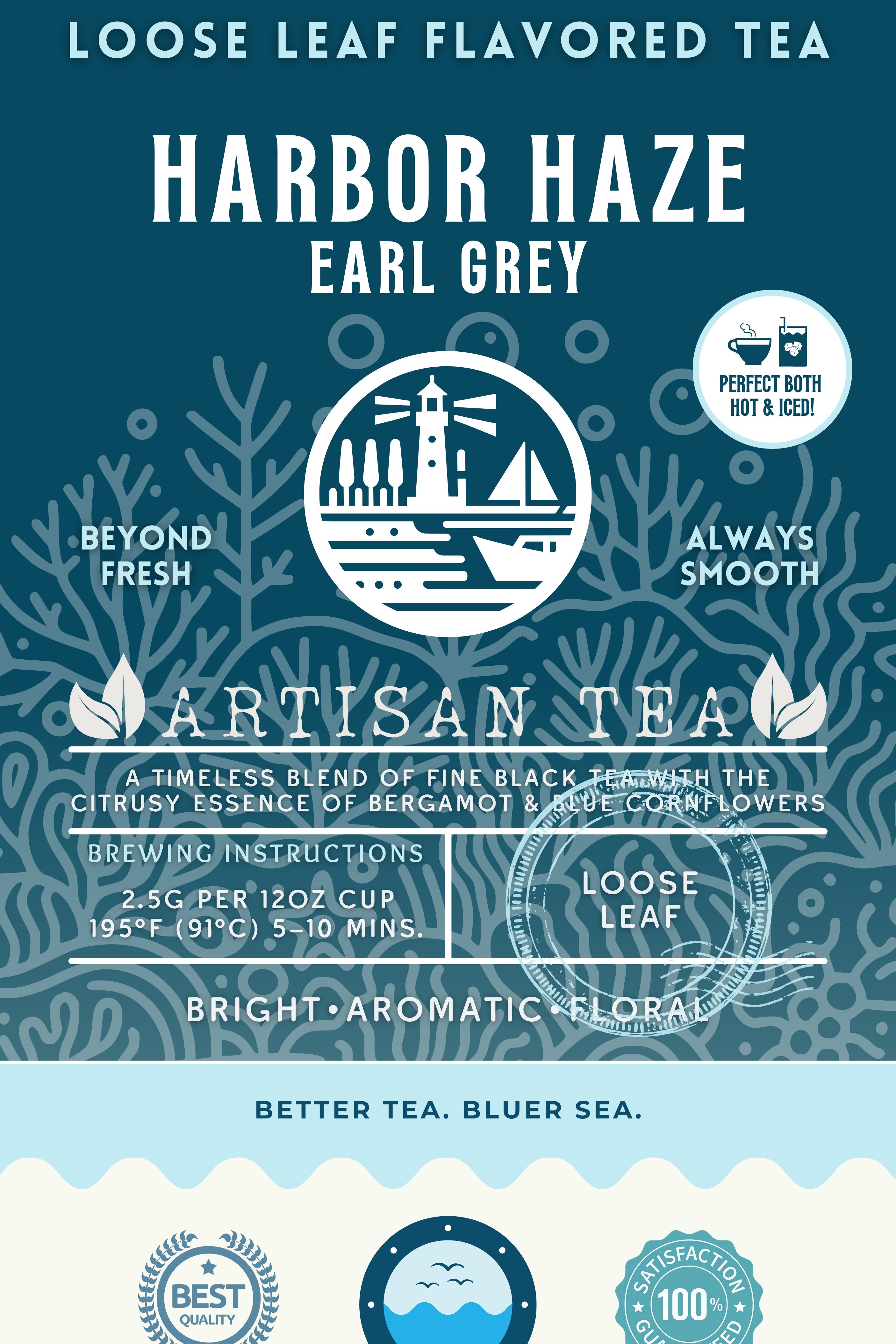 Harbor Haze Earl Grey tea packaging featuring a bright, aromatic, and floral loose leaf blend with bergamot and blue cornflowers. The label displays a lighthouse and sailboat design with ocean-inspired elements and emphasizes sustainability and ocean protection. Enjoy hot or iced.
