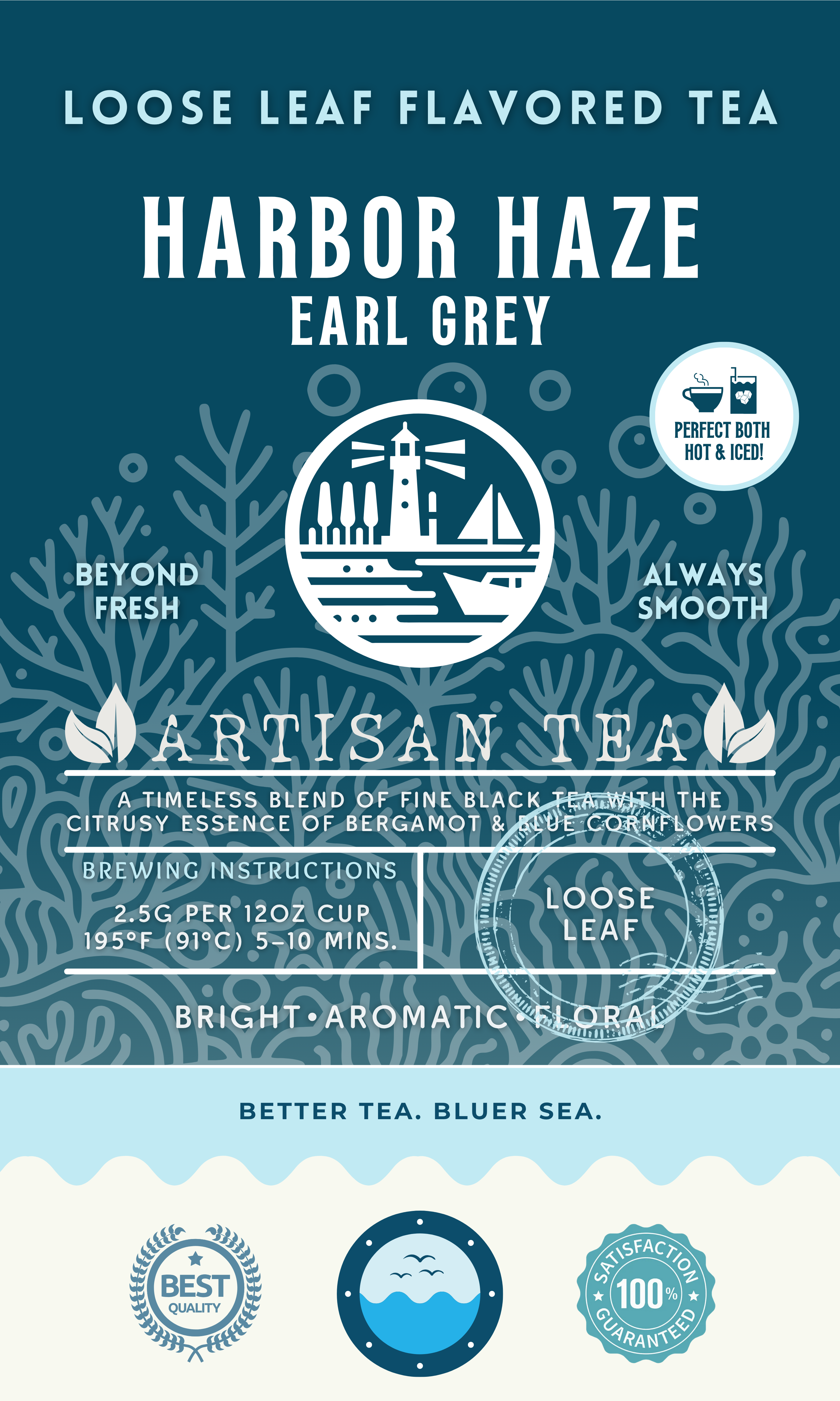 Harbor Haze Earl Grey tea packaging featuring a bright, aromatic, and floral loose leaf blend with bergamot and blue cornflowers. The label displays a lighthouse and sailboat design with ocean-inspired elements and emphasizes sustainability and ocean protection. Enjoy hot or iced.