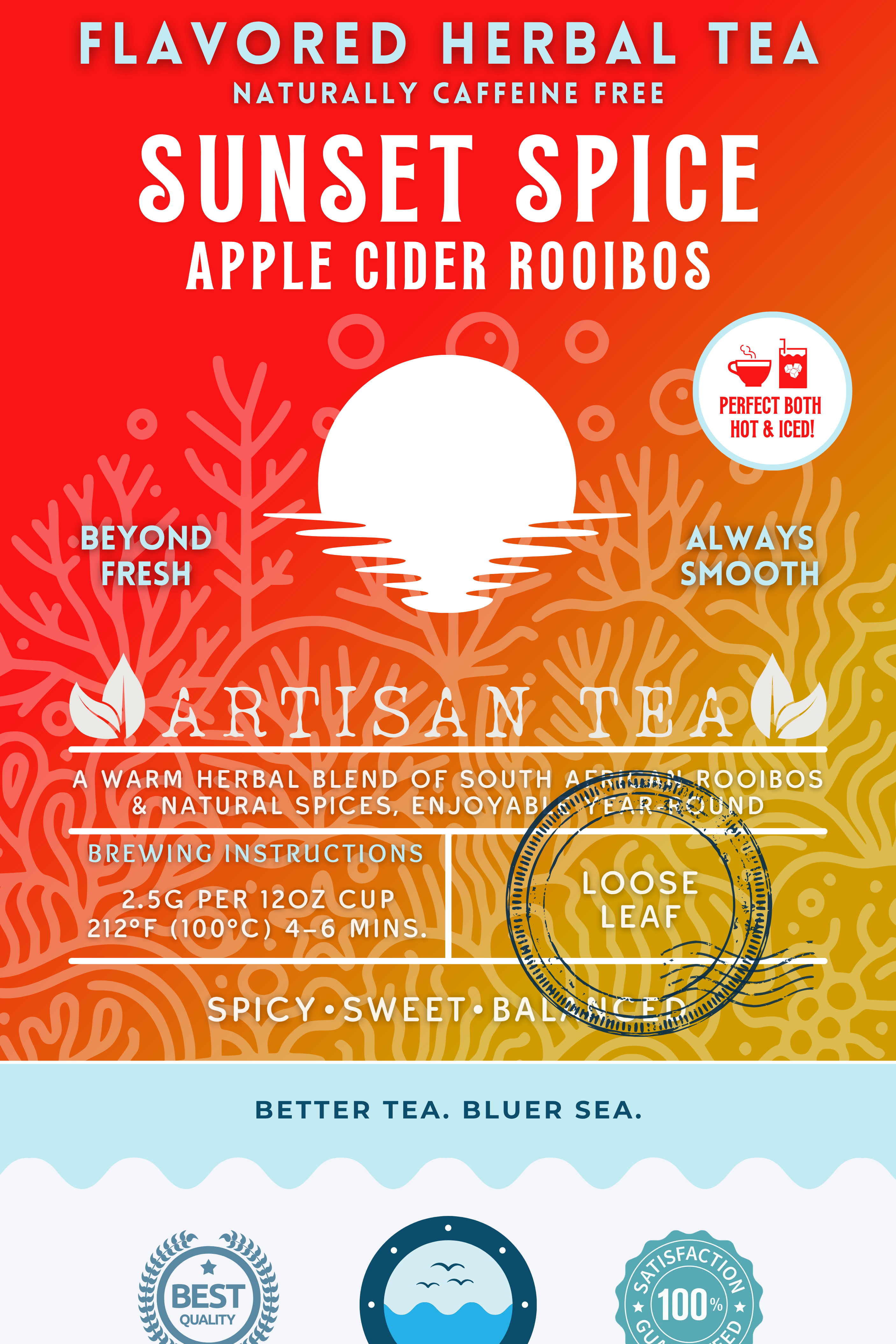 Sunset Spice Apple Cider Rooibos tea packaging featuring a naturally caffeine-free herbal blend with spicy, sweet, and balanced notes. A vibrant red and orange design with a sunset illustration, promoting ocean-friendly values and perfect for year-round enjoyment hot or iced.