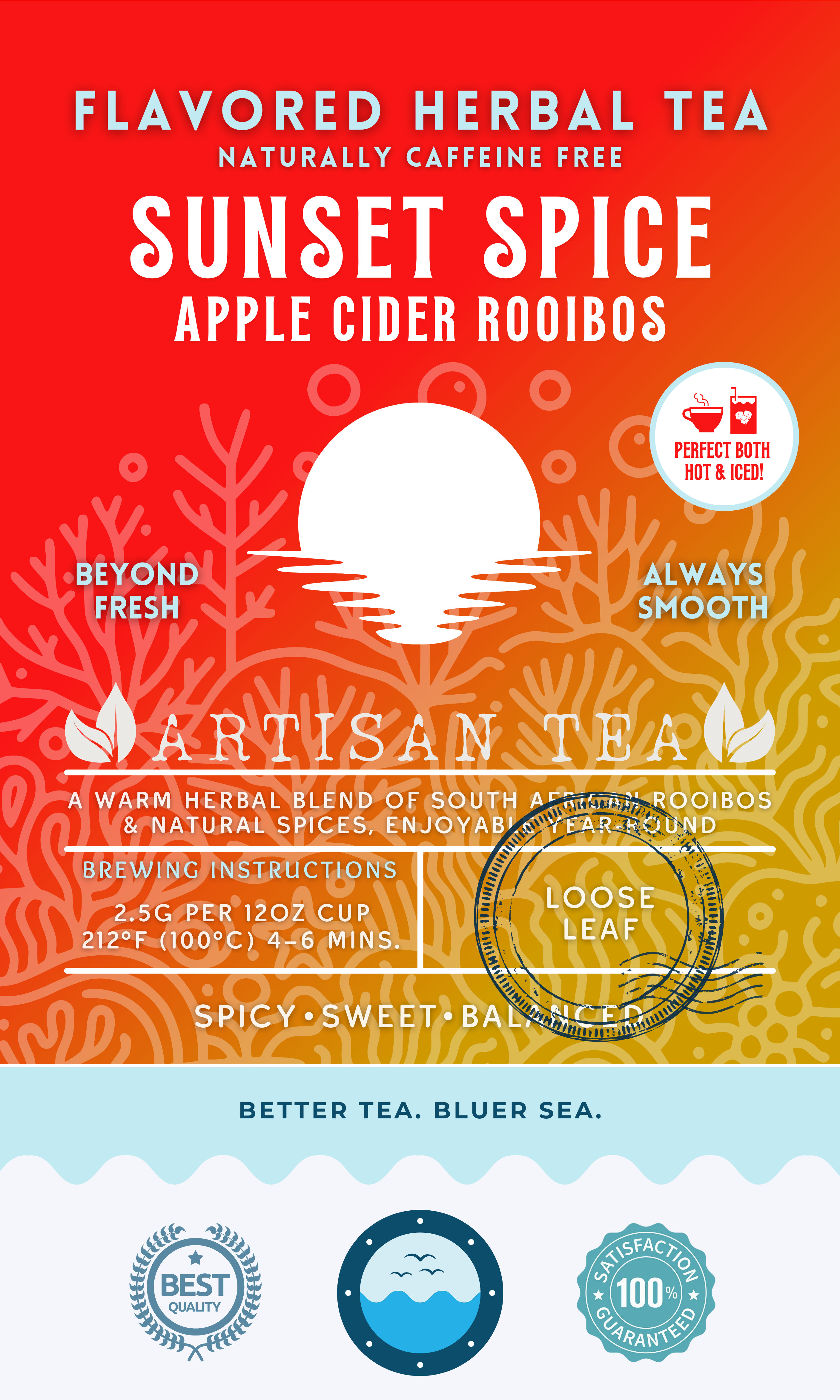 Sunset Spice Apple Cider Rooibos tea packaging featuring a naturally caffeine-free herbal blend with spicy, sweet, and balanced notes. A vibrant red and orange design with a sunset illustration, promoting ocean-friendly values and perfect for year-round enjoyment hot or iced.