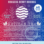 Horizon Hues Hibiscus Berry Rooibos tea packaging featuring a naturally caffeine-free herbal blend with fruity, tangy, and floral notes. A vivid gradient design of red to blue waves and corals, emphasizing clean ingredients, ocean-friendly values, and versatility hot or iced.