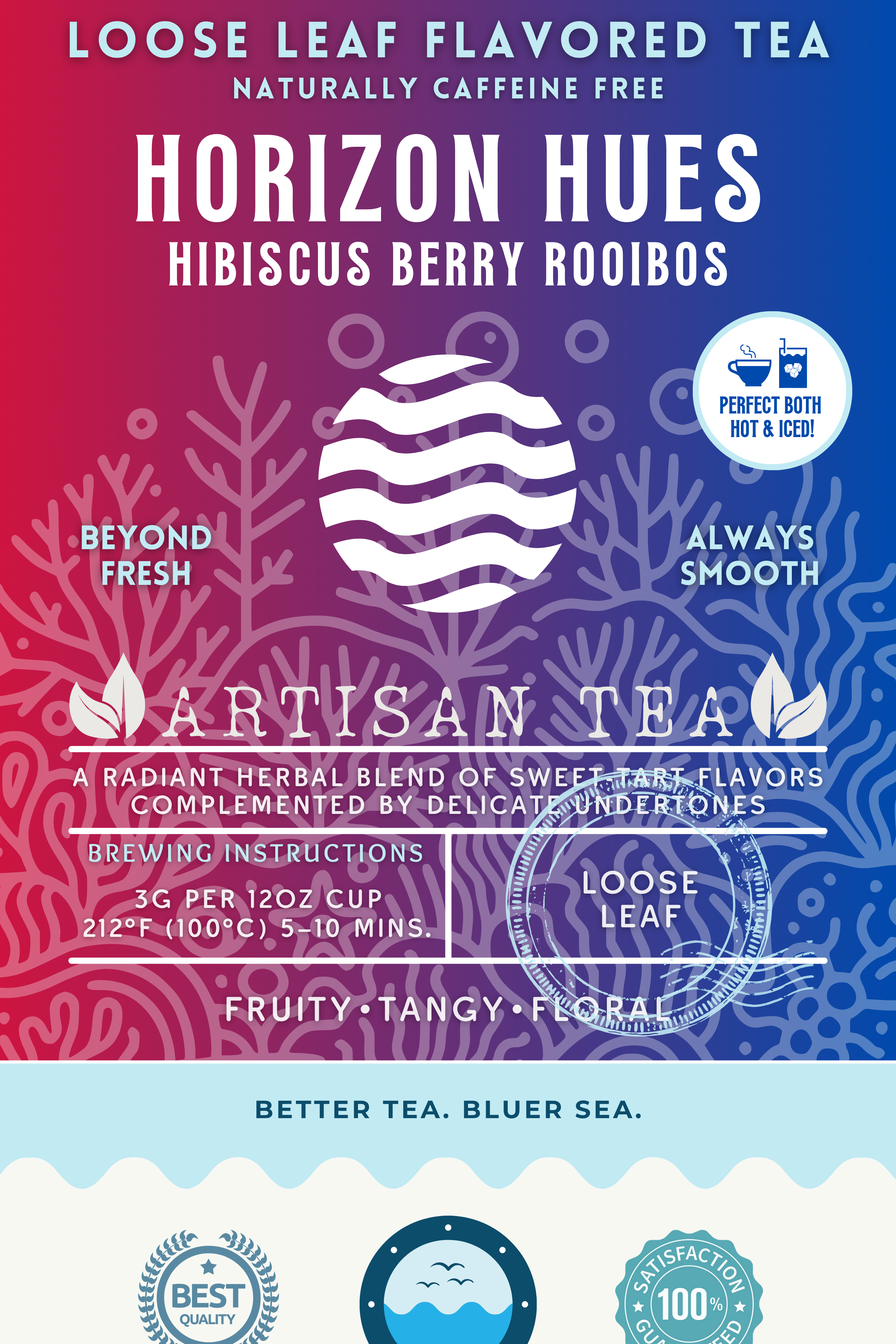 Horizon Hues Hibiscus Berry Rooibos tea packaging featuring a naturally caffeine-free herbal blend with fruity, tangy, and floral notes. A vivid gradient design of red to blue waves and corals, emphasizing clean ingredients, ocean-friendly values, and versatility hot or iced.