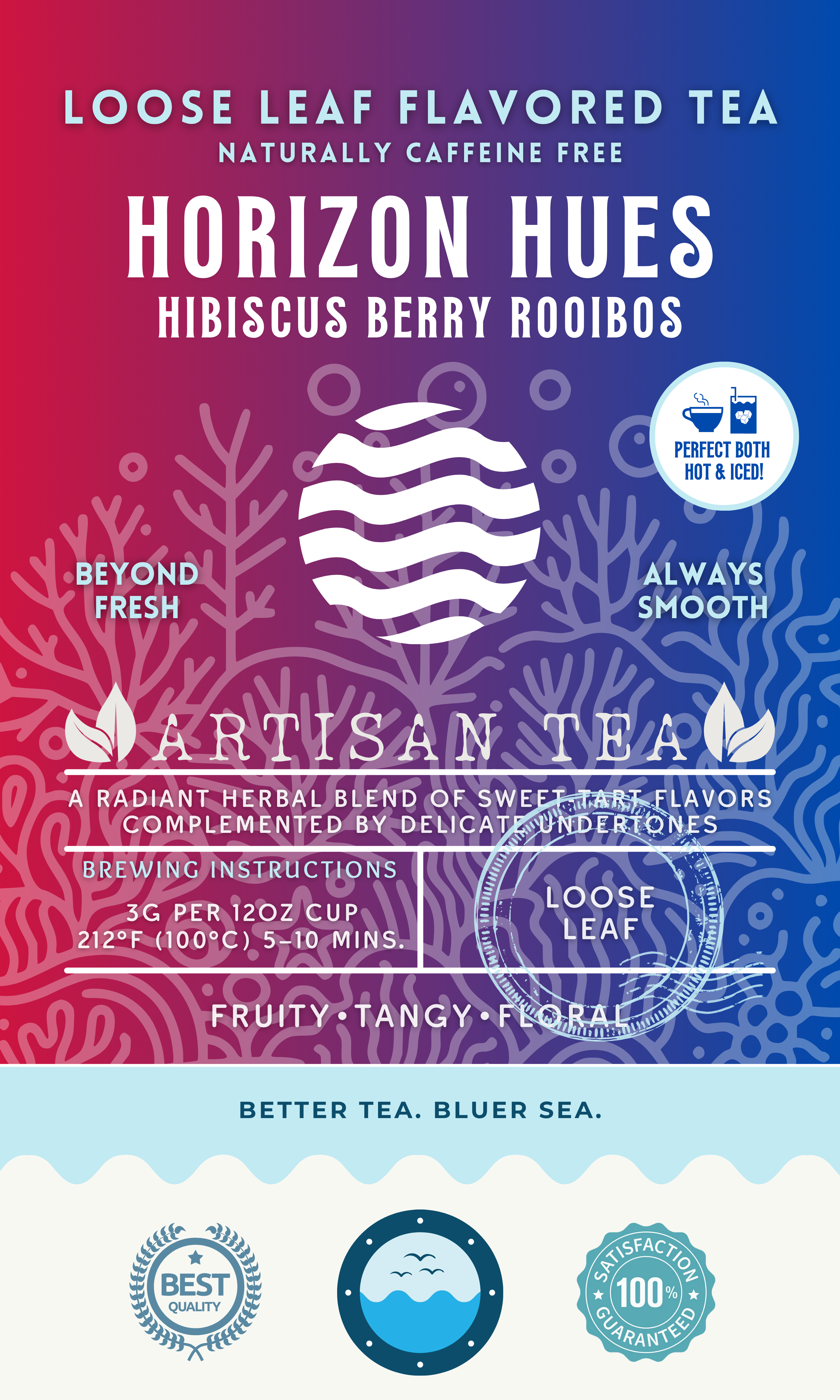Horizon Hues Hibiscus Berry Rooibos tea packaging featuring a naturally caffeine-free herbal blend with fruity, tangy, and floral notes. A vivid gradient design of red to blue waves and corals, emphasizing clean ingredients, ocean-friendly values, and versatility hot or iced.