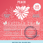 Paradise Plunge Peach tea packaging featuring a fruity loose leaf black tea with soft, floral notes and the essence of peach, cranberry, and orange. A coral-pink ocean-inspired design with clean, artisan branding that highlights sustainability and versatility hot or iced.
