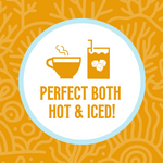 Icon featuring a steaming coffee cup and a glass with ice cubes, with the text ‘Perfect Both Hot & Iced!’ against a yellow coral-patterned background, highlighting the versatility of the coffee for both hot and iced preparations