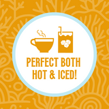 Icon featuring a steaming coffee cup and a glass with ice cubes, with the text ‘Perfect Both Hot & Iced!’ against a yellow coral-patterned background, highlighting the versatility of the coffee for both hot and iced preparations
