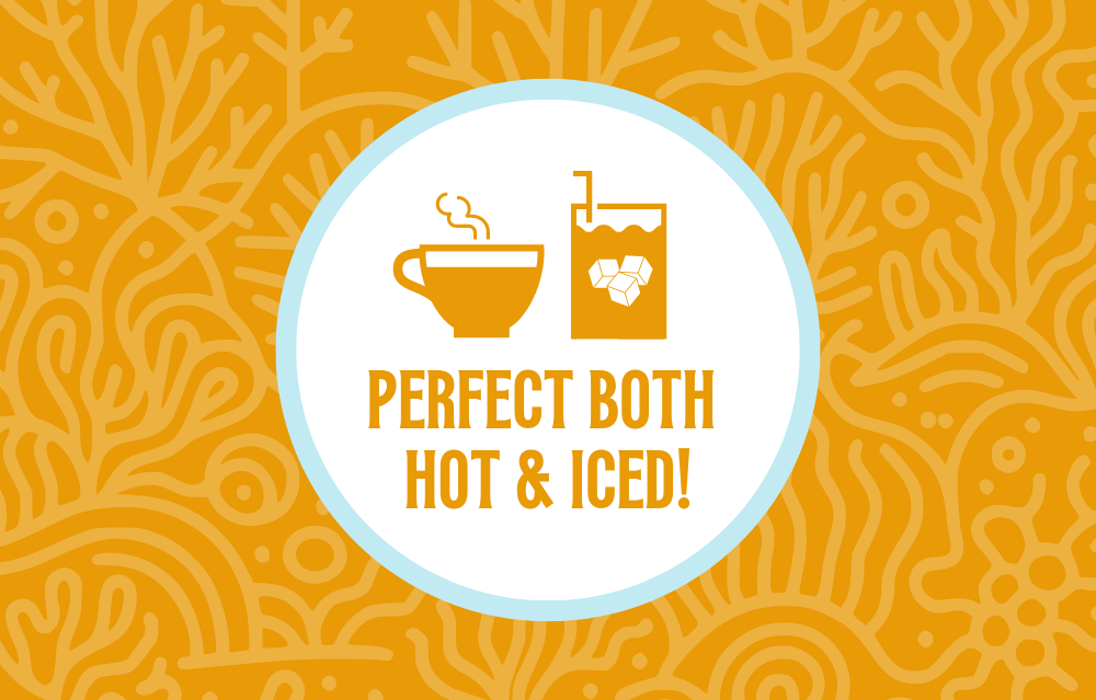 Icon featuring a steaming coffee cup and a glass with ice cubes, with the text ‘Perfect Both Hot & Iced!’ against a yellow coral-patterned background, highlighting the versatility of the coffee for both hot and iced preparations