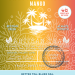 Tropical Tides Mango tea packaging featuring a fruity black tea with sweet, refreshing flavor and mango essence. A vibrant ocean-inspired label with palm trees and eco-conscious branding, ideal for hot or iced enjoyment.