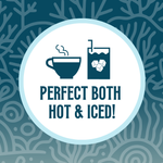 Icon featuring a steaming tea cup and a glass with ice cubes, with the text ‘Perfect Both Hot & Iced!’ against a misty and deep blue coral-patterned background, highlighting the versatility of the tea for both hot and iced preparations