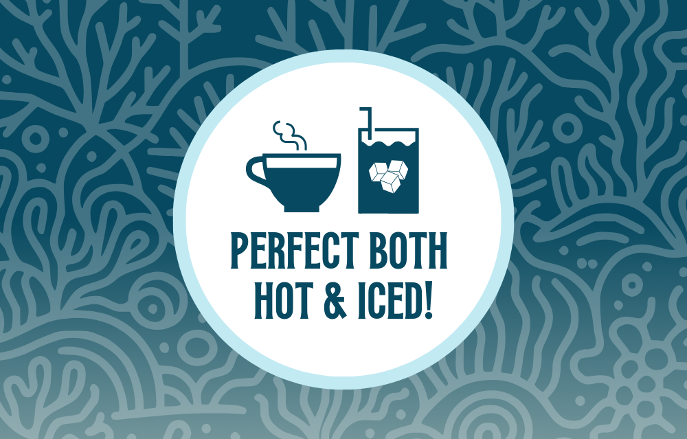 Icon featuring a steaming tea cup and a glass with ice cubes, with the text ‘Perfect Both Hot & Iced!’ against a misty and deep blue coral-patterned background, highlighting the versatility of the tea for both hot and iced preparations