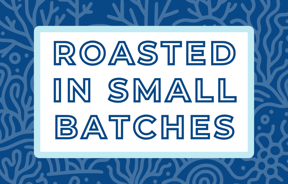 Text 'Roasted in Small Batches' on a white background, surrounded by a soft blue frame and a subtle ocean blue coral-themed backdrop, highlighting the artisan and small-batch roasting process for specialty coffee
