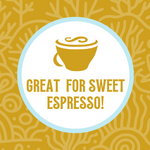 Icon featuring a steaming coffee cup and a glass with ice cubes, with the text ‘Perfect Both Hot & Iced!’ against a honey yellow coral-patterned background, highlighting the versatility of the coffee for both hot and iced preparations