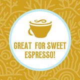 Icon featuring a steaming coffee cup and a glass with ice cubes, with the text ‘Perfect Both Hot & Iced!’ against a honey yellow coral-patterned background, highlighting the versatility of the coffee for both hot and iced preparations