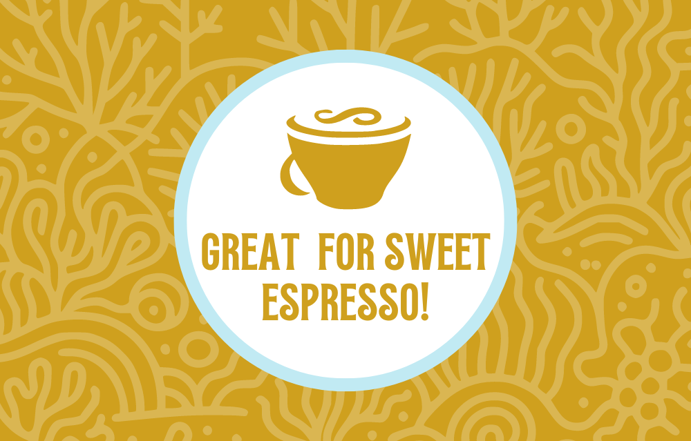 Icon featuring a steaming coffee cup and a glass with ice cubes, with the text ‘Perfect Both Hot & Iced!’ against a honey yellow coral-patterned background, highlighting the versatility of the coffee for both hot and iced preparations