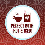 Icon featuring a steaming tea cup and a glass with ice cubes, with the text ‘Perfect Both Hot & Iced!’ against a deep red coral-patterned background, highlighting the versatility of the tea for both hot and iced preparations