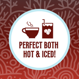 Icon featuring a steaming tea cup and a glass with ice cubes, with the text ‘Perfect Both Hot & Iced!’ against a deep red coral-patterned background, highlighting the versatility of the tea for both hot and iced preparations