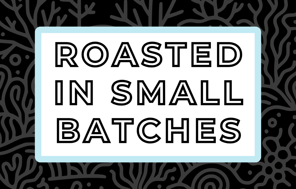 Text 'Roasted in Small Batches' on a white background, surrounded by a soft blue frame and a subtle black coral-themed backdrop, highlighting the artisan and small-batch roasting process for specialty coffee
