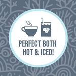 Icon featuring a steaming coffee cup and a glass with ice cubes, with the text ‘Perfect Both Hot & Iced!’ against a grayish blue coral-patterned background, highlighting the versatility of the coffee for both hot and iced preparations