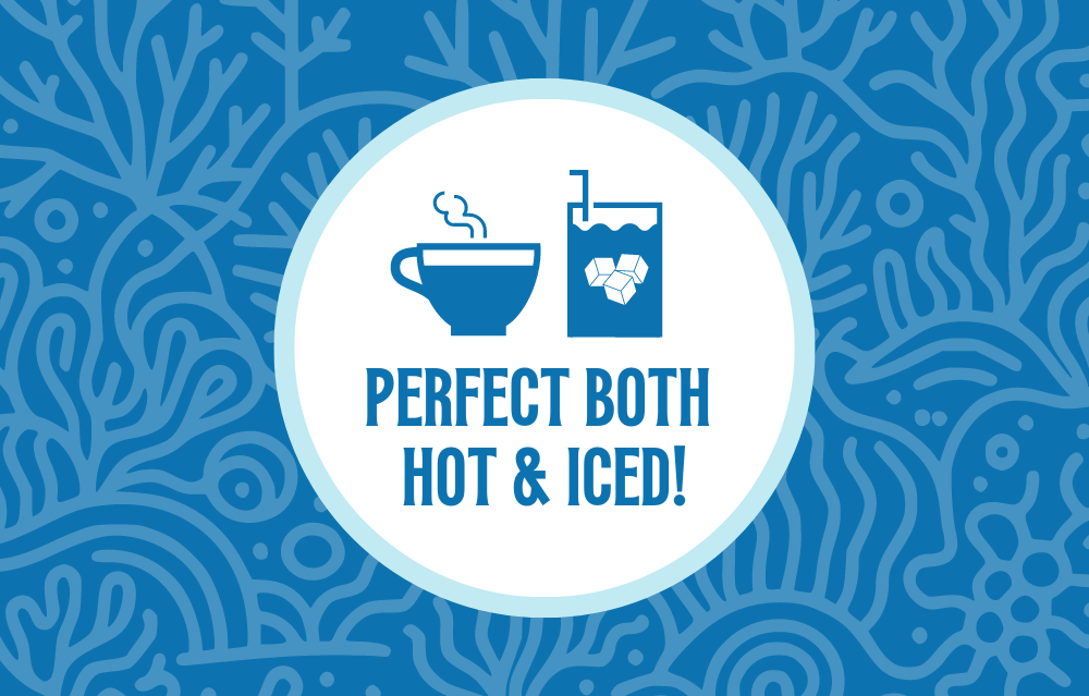 Icon featuring a steaming coffee cup and a glass with ice cubes, with the text ‘Perfect Both Hot & Iced!’ against a blue coral-patterned background, highlighting the versatility of the coffee for both hot and iced preparations