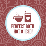 Icon featuring a steaming coffee cup and a glass with ice cubes, with the text ‘Perfect Both Hot & Iced!’ against a crimson brown coral-patterned background, highlighting the versatility of the coffee for both hot and iced preparations