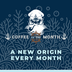 Coffee of the Month featuring a nautical design with a captain's silhouette, anchor icons, and a ship's wheel. Ocean-inspired branding for coffee enthusiasts seeking a new coffee each month and a journey through the world of specialty coffee.