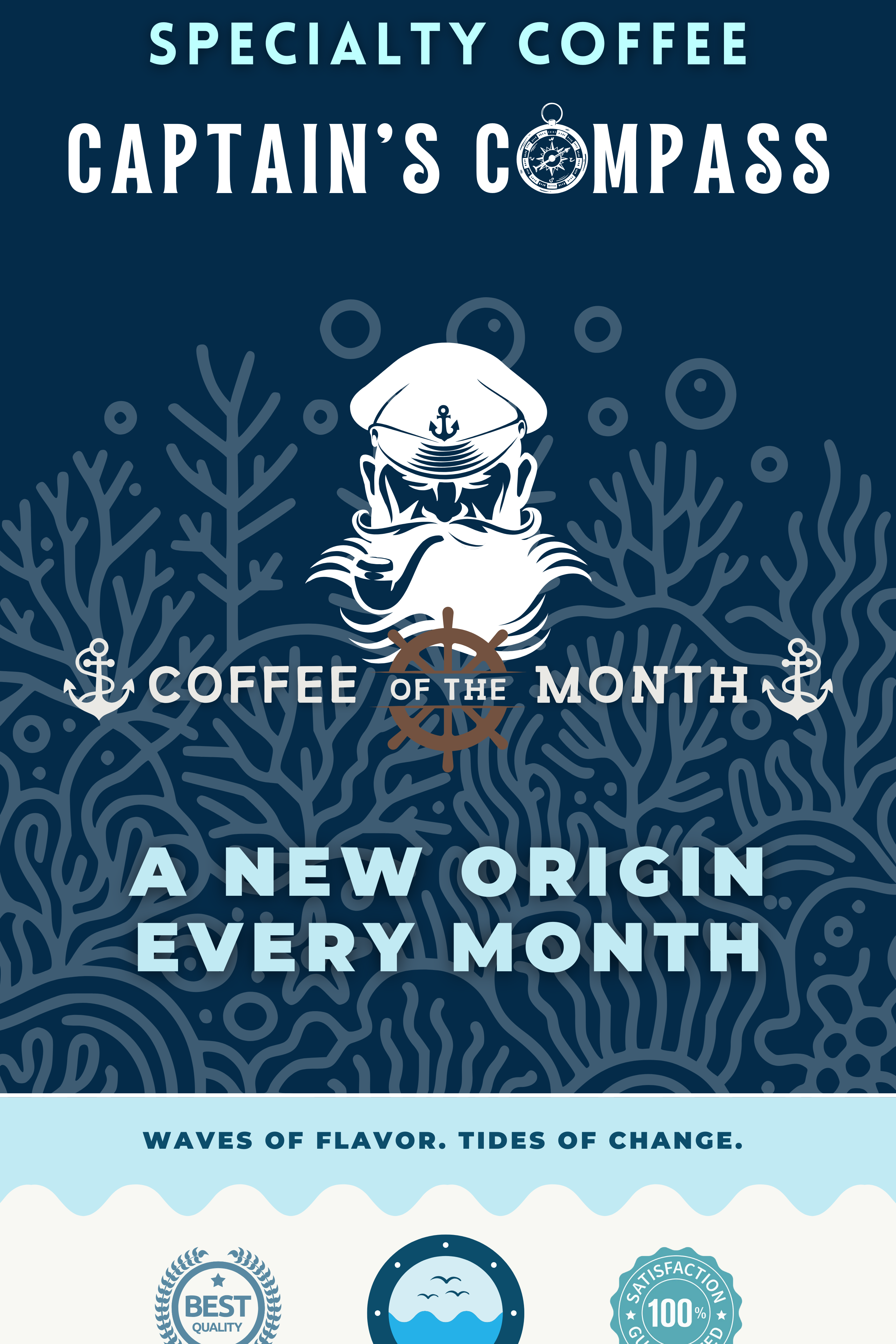 Coffee of the Month featuring a nautical design with a captain's silhouette, anchor icons, and a ship's wheel. Ocean-inspired branding for coffee enthusiasts seeking a new coffee each month and a journey through the world of specialty coffee.