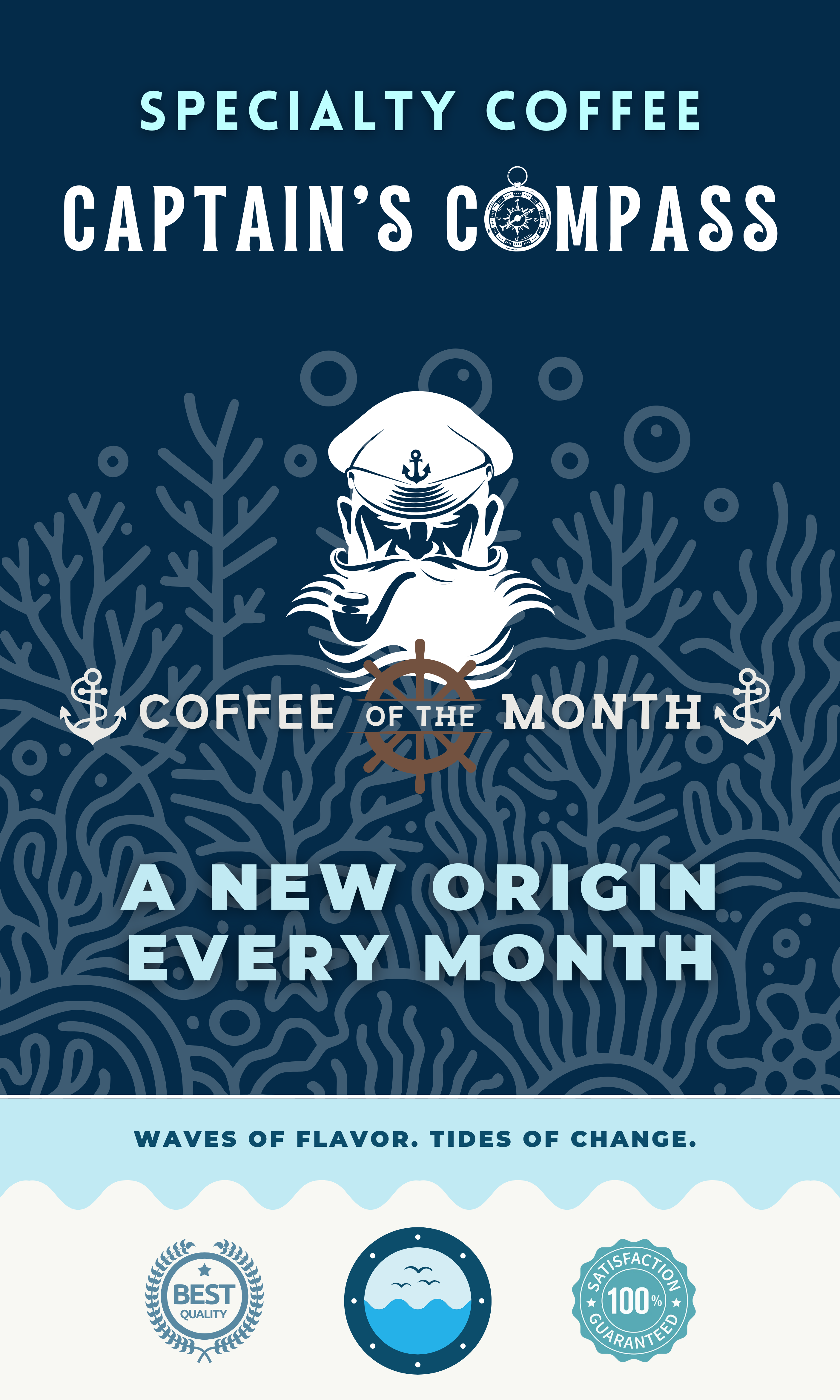 Coffee of the Month featuring a nautical design with a captain's silhouette, anchor icons, and a ship's wheel. Ocean-inspired branding for coffee enthusiasts seeking a new coffee each month and a journey through the world of specialty coffee.