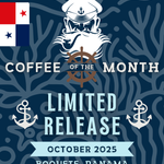 Limited Release Coffee of the Month featuring a nautical design with a captain's silhouette, anchor icons, and a ship's wheel. Ocean-inspired branding for coffee enthusiasts seeking a new journey each month.