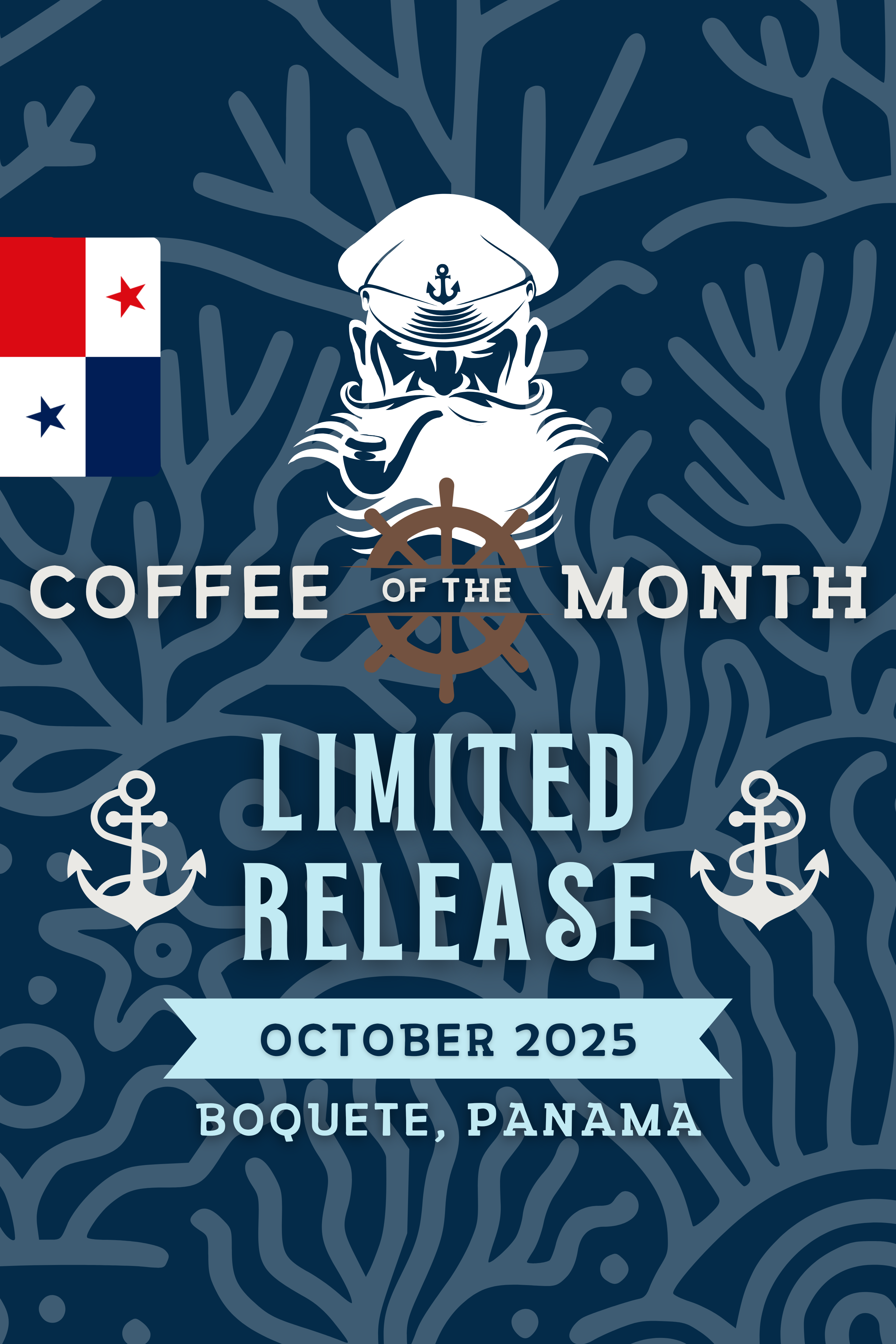 Limited Release Coffee of the Month featuring a nautical design with a captain's silhouette, anchor icons, and a ship's wheel. Ocean-inspired branding for coffee enthusiasts seeking a new journey each month.