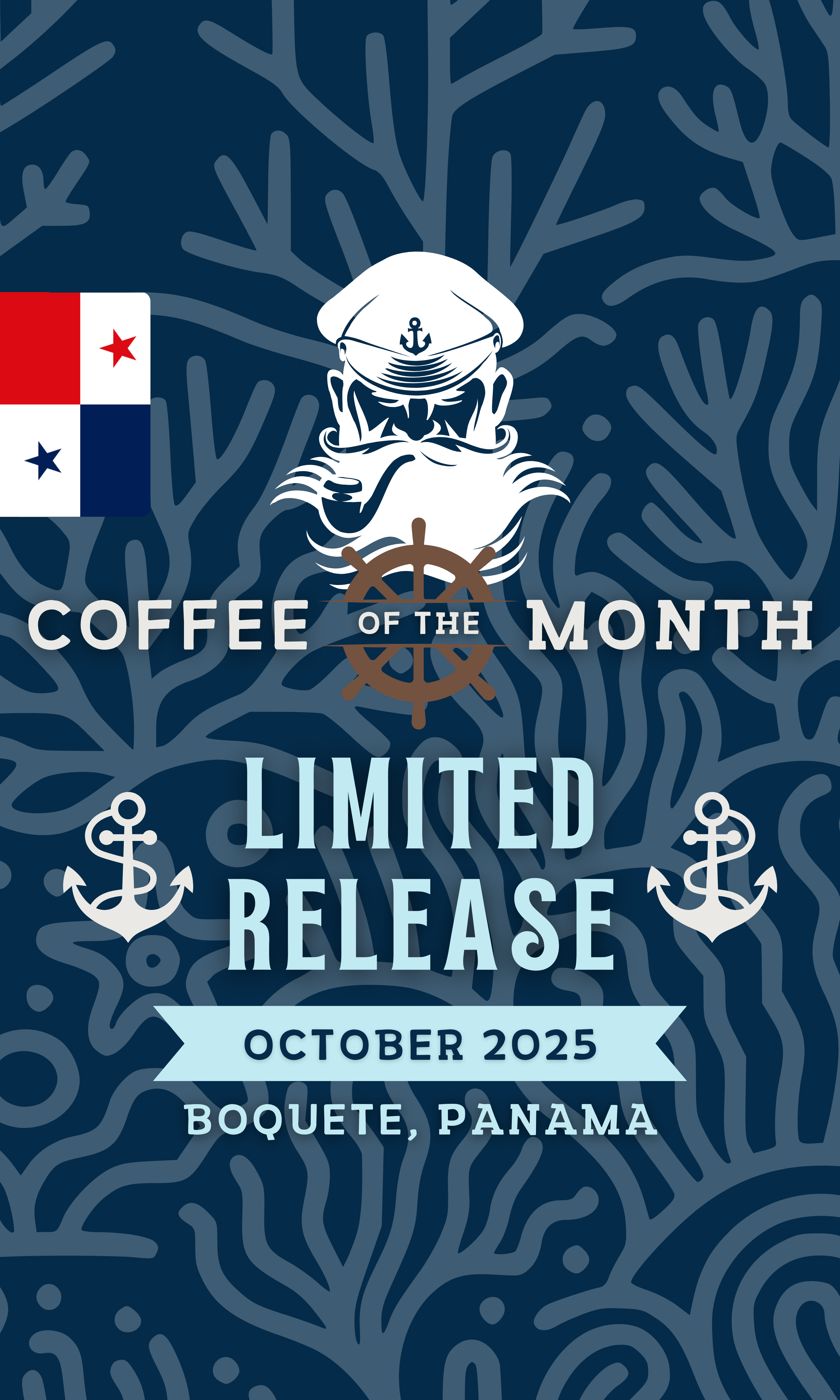 Limited Release Coffee of the Month featuring a nautical design with a captain's silhouette, anchor icons, and a ship's wheel. Ocean-inspired branding for coffee enthusiasts seeking a new journey each month.